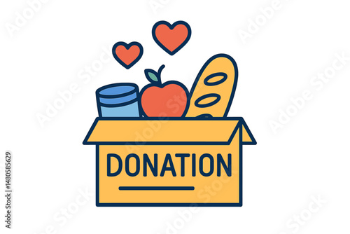 Vector illustration of a charity food collection, symbolized by a food donations color icon, featuring a box with a meal and hearts, representing humanitarian assistance and volunteer activity to