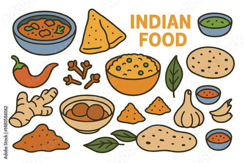 Vector illustration of typical Indian food dishes and commonly used ingredients in Indian cuisine, presented as isolated items with hand-drawn designs