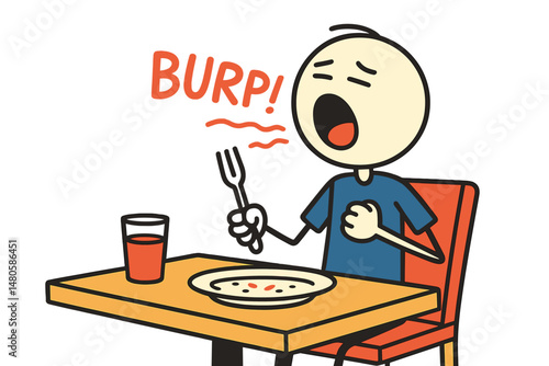 Vector cartoon stick figure illustration of a person burping after eating lunch or dinner in a restaurant