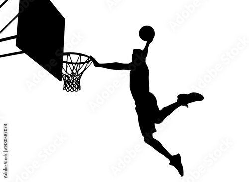 Silhouette of basketball player dunking the ball into the net with white background illustration