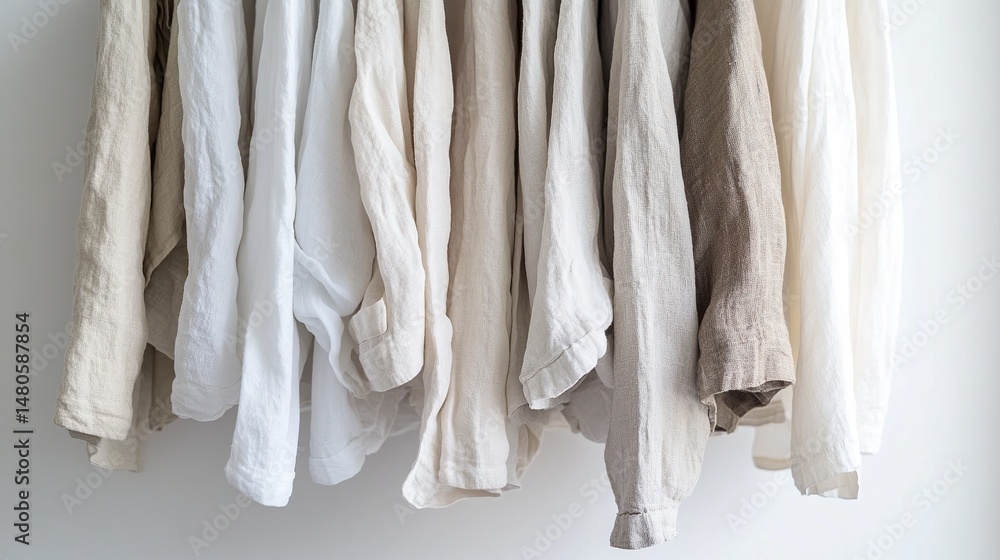 Fototapeta premium High-detail image of linen shirts hanging with slight
