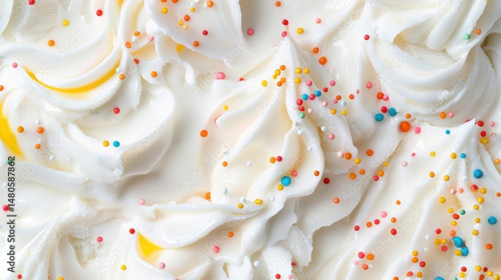 Close-up of a layer of white frosting with colorful sprinkles scattered throughout. the frosting appears to be soft and fluffy, with a smooth texture.
