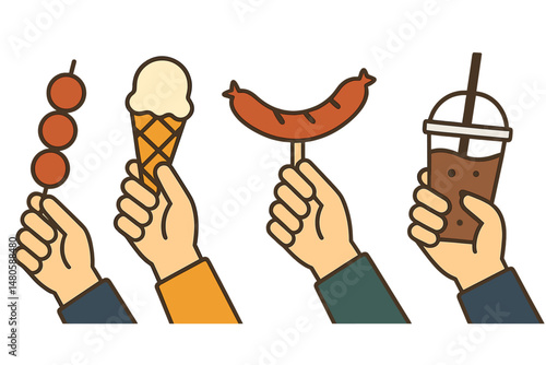 Human hands are depicted holding various foods and drinks, including a meatball, sausage, and ice cream, in a vector flat illustration representing an eating concept