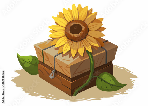 Wooden Crate with Sunflower Decoration Game Asset