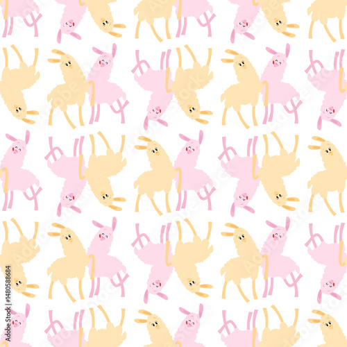 Couple of cute pastel colored llamas in seamless pattern on white background