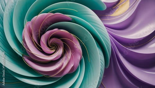 Colorful abstract spiral design with teal and purple hues, modern art composition