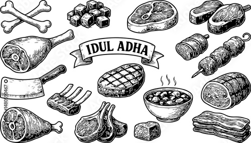 Black and white illustration of meat cuts, bones, and a bowl of soup with an "IDUL ADHA" banner, symbolizing Eid al-Adha sacrifice, traditional food, and community sharing