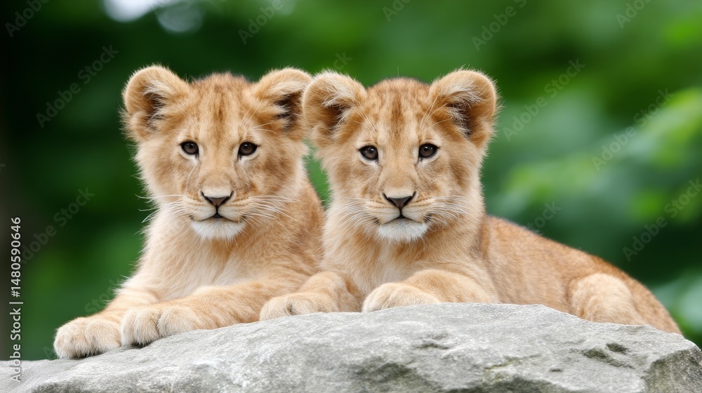 Fototapeta premium Two Adorable Lion Cubs on a Rock - Two cute lion cubs sitting together on a rock, symbolizing friendship, wildlife, nature, innocence, and family