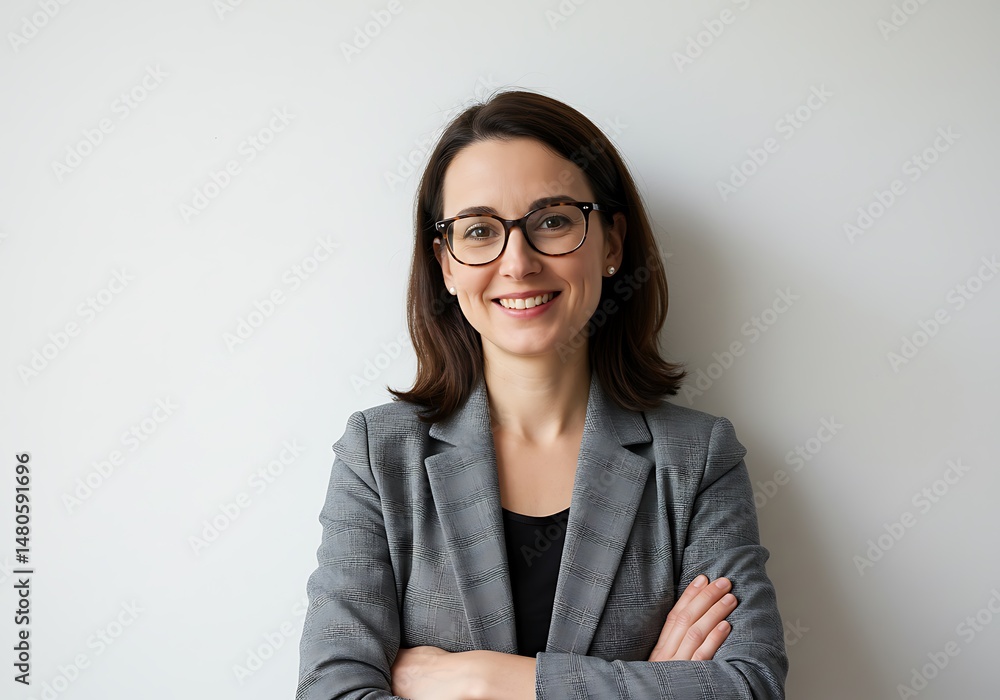 Confident woman in blazer and glasses smiles with arms crossed against white background Confident woman in blazer and glasses smiles with arms crossed against white background