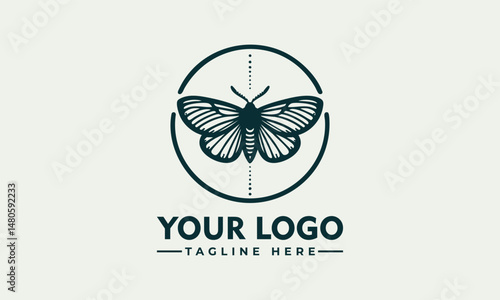 Symmetrical moth illustration with detailed wings enclosed in minimal circular frame. Nature concept
