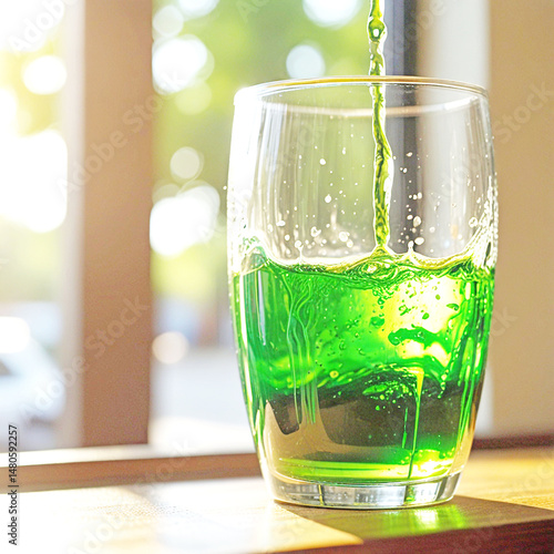 A stream of vibrant green liquid is beautifully pouring down the clear glass set into the window pane. The sunlight filters through the window, casting golden rays and intricate shadows across the sec