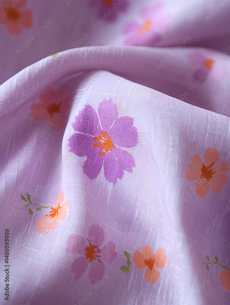 A beautiful close up view of lavender floral patterned fabric showcasing spring blossoms and delicate folds with soft textures A beautiful close up view of lavender floral patterned fabric showcasing spring blossoms and delicate folds with soft textures
