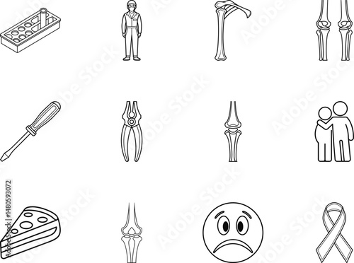 Outline illustration showing a construction box, worker, shoulder, knees, screwdriver, and various other elements