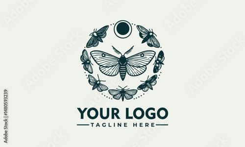 Symmetrical moth illustration with detailed wings enclosed in minimal circular frame. Nature concept
