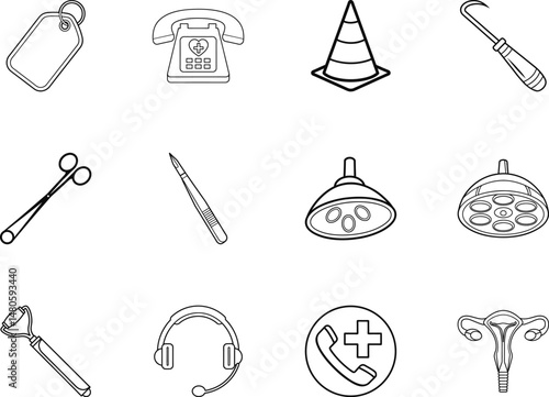 Outline icons depict healthcare items like a uterus, tools and call center headset on white