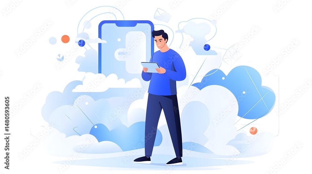 Fototapeta premium Cheerful Young Man Peeking Out Window in Cartoon Flat Illustration