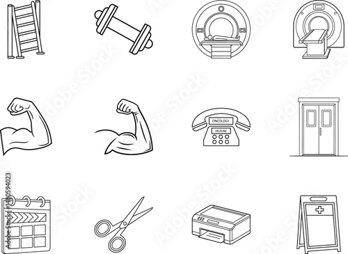 Linear shows a ladder, dumbbell, MRI machine, bicep, phone, door, calendar, and scissors