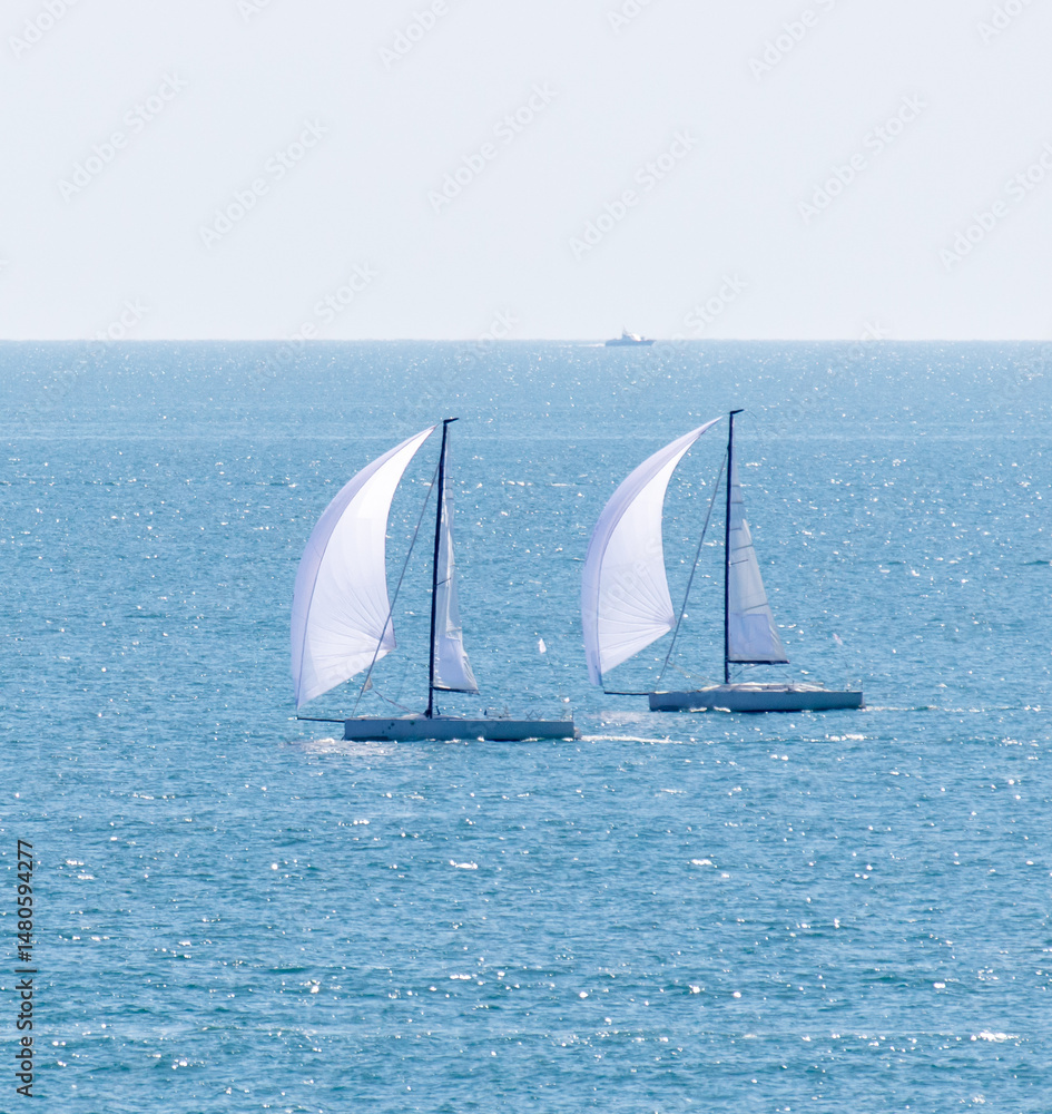 Obraz premium Two sailboats are sailing in the ocean