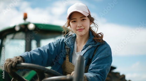 トラクターを運転しながら笑顔を見せる農業女子