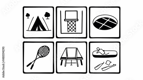 Illustration of outdoor activities including camping basketball tennis and relaxing on a raft icon set created with generated ai