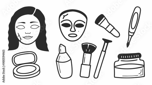 Illustration of a woman's face with makeup accessories and beauty products in black and white style created with generated ai