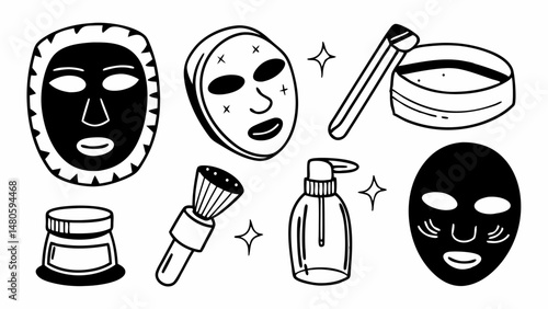 Illustration of various skincare products including masks, brush, and lotion bottle set in black and white created with generated ai