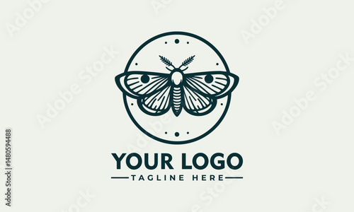 Symmetrical moth illustration with detailed wings enclosed in minimal circular frame. Nature concept
