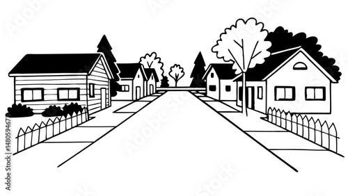 A black and white illustration of a suburban street with houses and trees in a linear perspective view created with generated ai