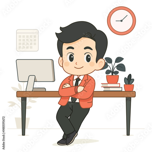 A boss is posing in front of his desk in an office in a chibi cartoon style