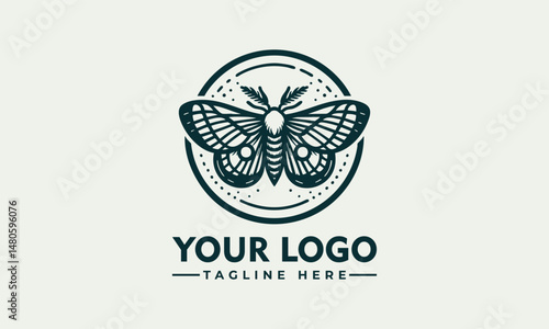 Symmetrical moth illustration with detailed wings enclosed in minimal circular frame. Nature concept
