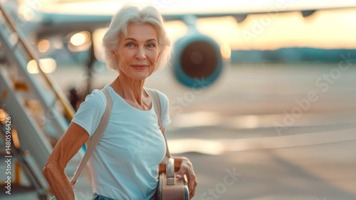 Elderly happy woman in white t-shirt and jeans standing near airplane steps on runway ready to board plane. Concept of rest, travel and tourism at different ages