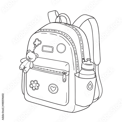 A black and white line drawing shows a backpack with a teddy bear keychain, a flower, and a heart decoration. A water bottle is in a side pocket.