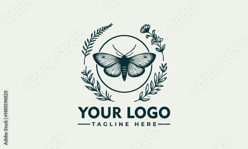 Symmetrical moth illustration with detailed wings enclosed in minimal circular frame. Nature concept
