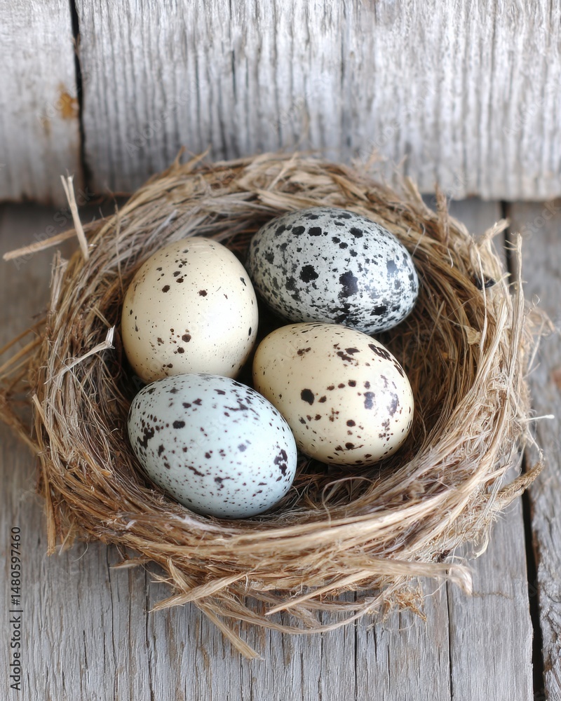 Bird Eggs in Nest Still Life Close Up on Rustic Wood Background Springtime Nature Easter Holiday Symbolism Top View Bird Eggs in Nest Still Life Close Up on Rustic Wood Background Springtime Nature Easter Holiday Symbolism Top View