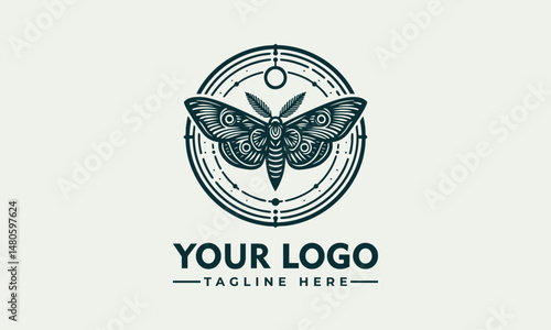 Symmetrical moth illustration with detailed wings enclosed in minimal circular frame. Nature concept
