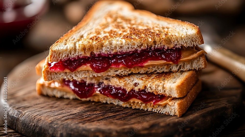 A peanut butter and jelly sandwich cut into triangles A peanut butter and jelly sandwich cut into triangles