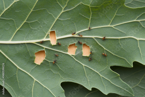 Close-up of a leaf showcasing intricate veins and tiny insects actively interacting with it in a natural setting
