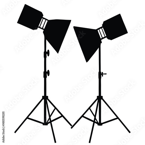 A black vector illustration shows a photographer silhouette with a camera and tripod in a professional studio with lighting equipment