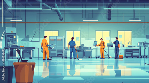 Wallpaper Mural A team of janitors in uniform clean residential and office interiors with professional equipment. Vector graphic Torontodigital.ca