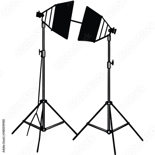 Isolated studio equipment includes a stand with a flash light and a softbox for professional photo lighting