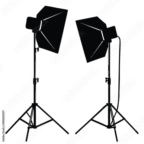 Isolated on white, a photo studio shows professional lighting equipment with a flash strobe, softbox, and stand for photography