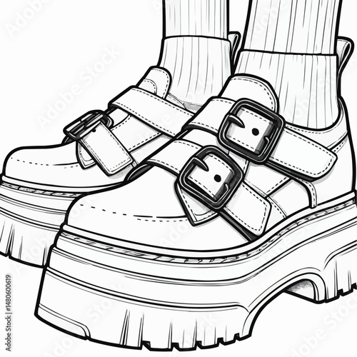 Outline illustration of trendy platform shoes with buckles, footwear design concept