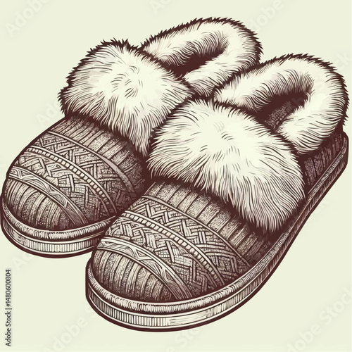 Cozy and warm illustrated slippers with fur, detailed design, comfortable footwear concept