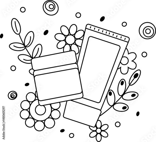cream with flowers and leaves composition. Vector graphic line illustration. Black and white cute cosmetic makeup art. illustration for package, vacation design, fabric and textile.