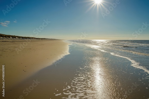 Sunny beach, calm waves gently lapping shore