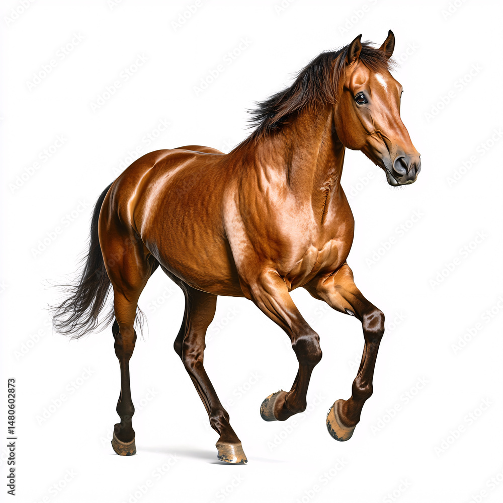Obraz premium A beautiful chestnut horse with a white blaze is galloping gracefully on a stark white background studio shot.