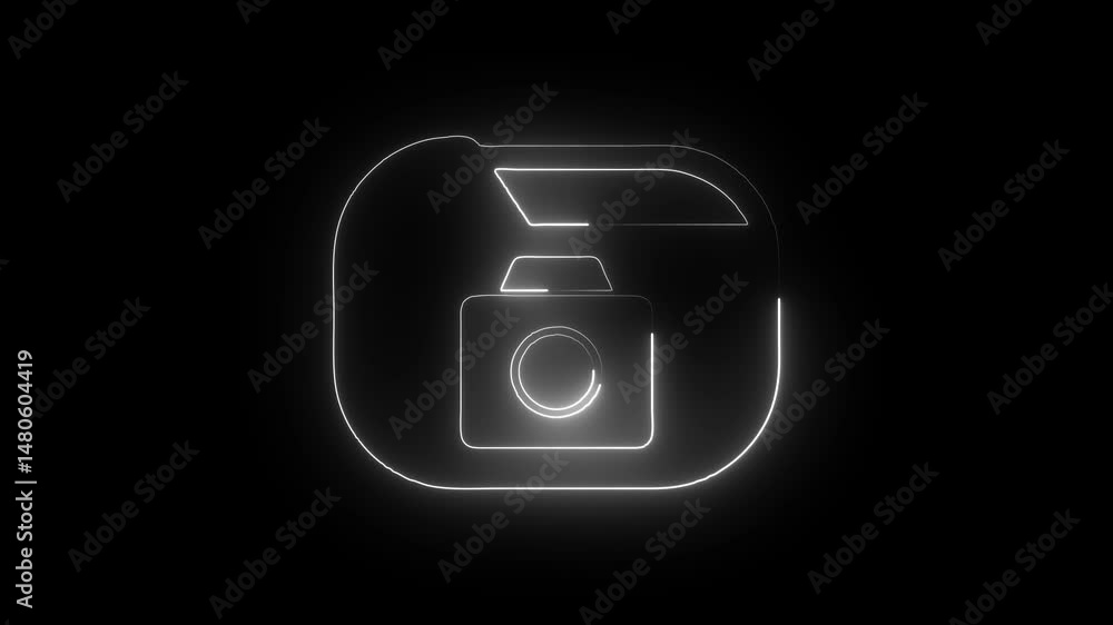 Glowing neon camera icon isolated on black background. HD Video motion graphic animation
