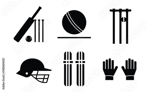 Cricket Ball Bat Helmet Stamp Silhouette Vector Set