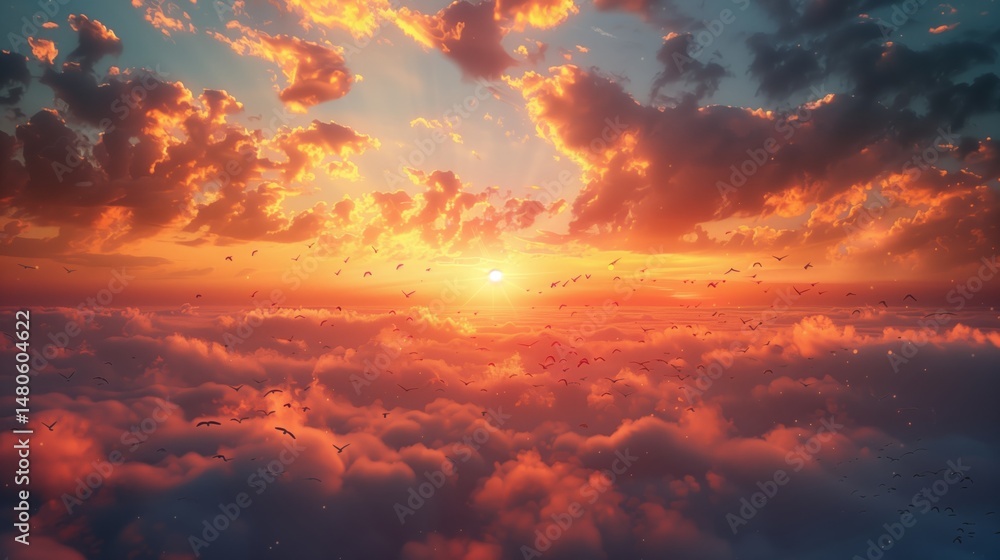 Amber afterglow as the sun sets over the cumulus clouds in the sky Amber afterglow as the sun sets over the cumulus clouds in the sky