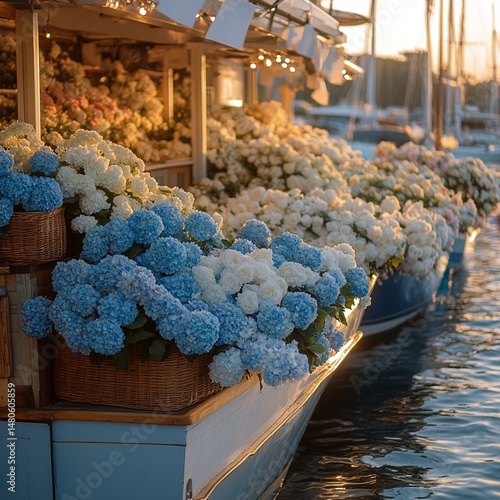 Luxury boats filled with vibrant flowers